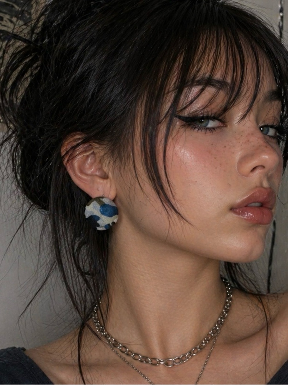 Blue Camo Clip On Earrings 1” Button Y2K Grunge Streetwear Statement